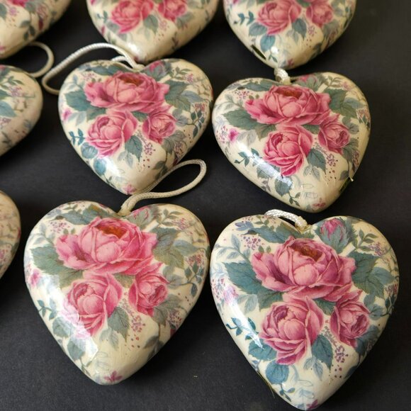 Set 12 Floral Heart Christmas Ornaments Pink Roses Vintage Style Romantic Decor - Picture 2 of 9